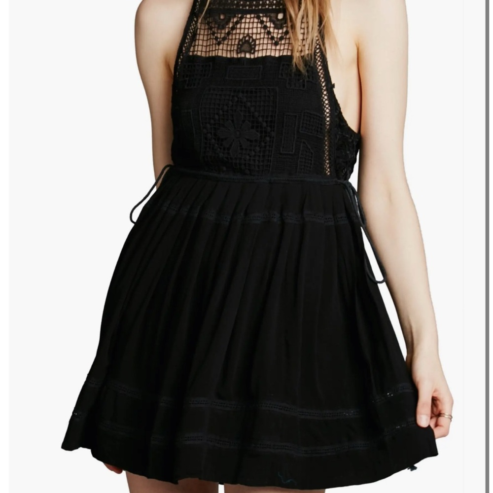 Free People Emily Crochet Mini Dress with side pull tie and tassle details - Picture 3 of 11